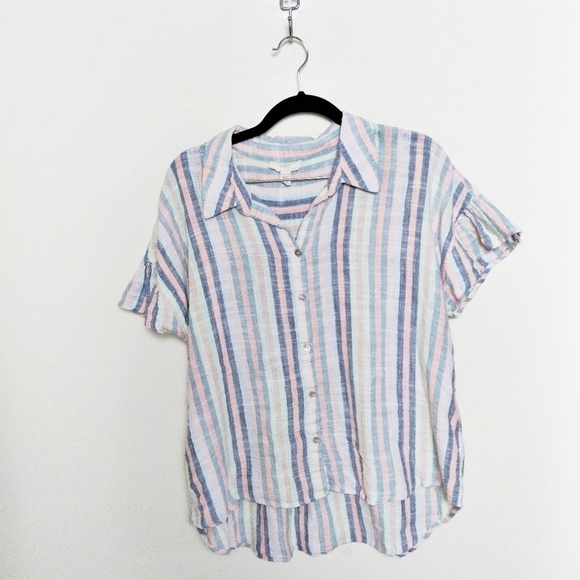 Cupio Pink and Blue Striped Linen Blend Button Front Shirt Size XL - Picture 1 of 5